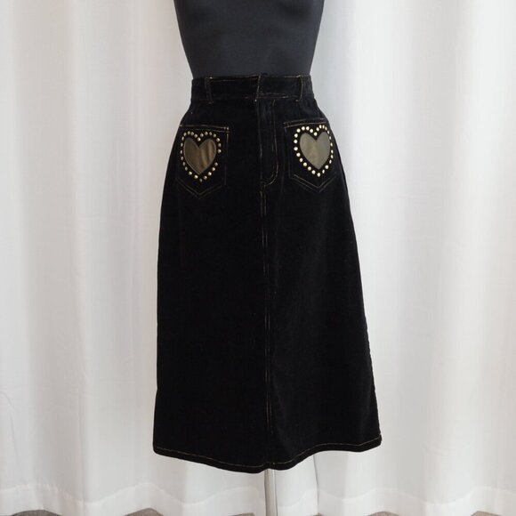Y2K Black Corduroy Heart Patch Midi Skirt Sz 2 - Picture 2 of 6